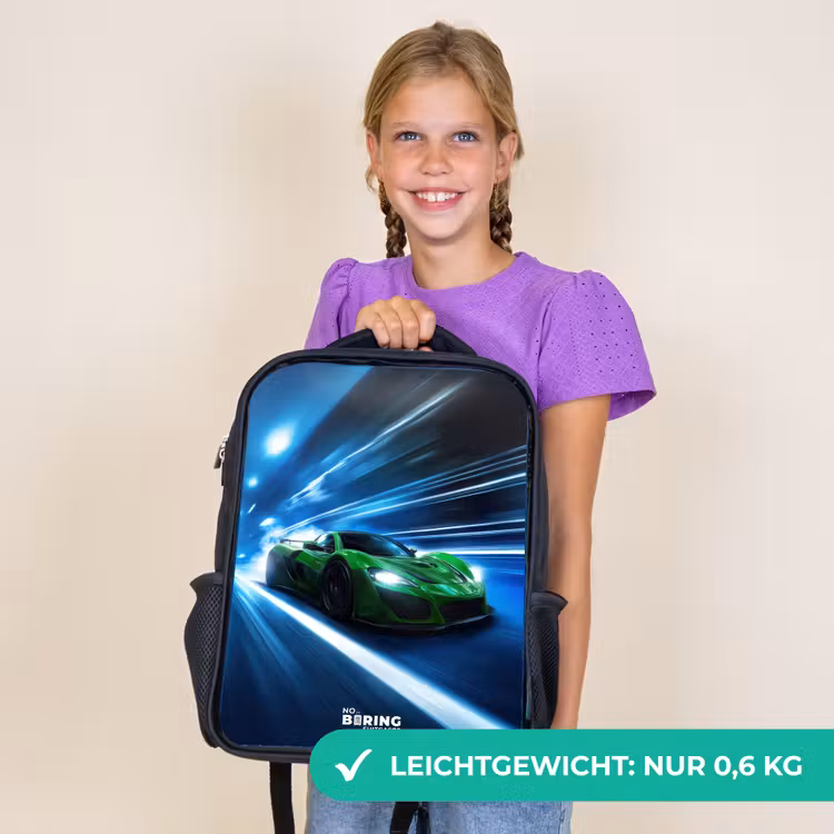 Kinderrucksack - Schwarz - Grünes Superauto blinkt durch Neonlichter — 7