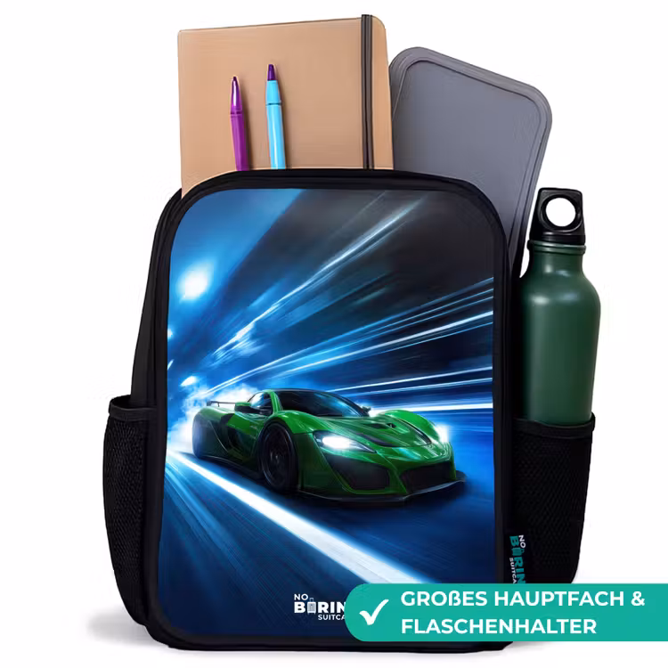 Kinderrucksack - Schwarz - Grünes Superauto blinkt durch Neonlichter — 8
