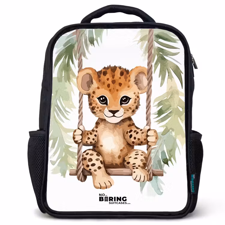 Kinderrucksack - Schwarz - Leopardenjunges auf einer Schaukel Aquarellillustration — 1