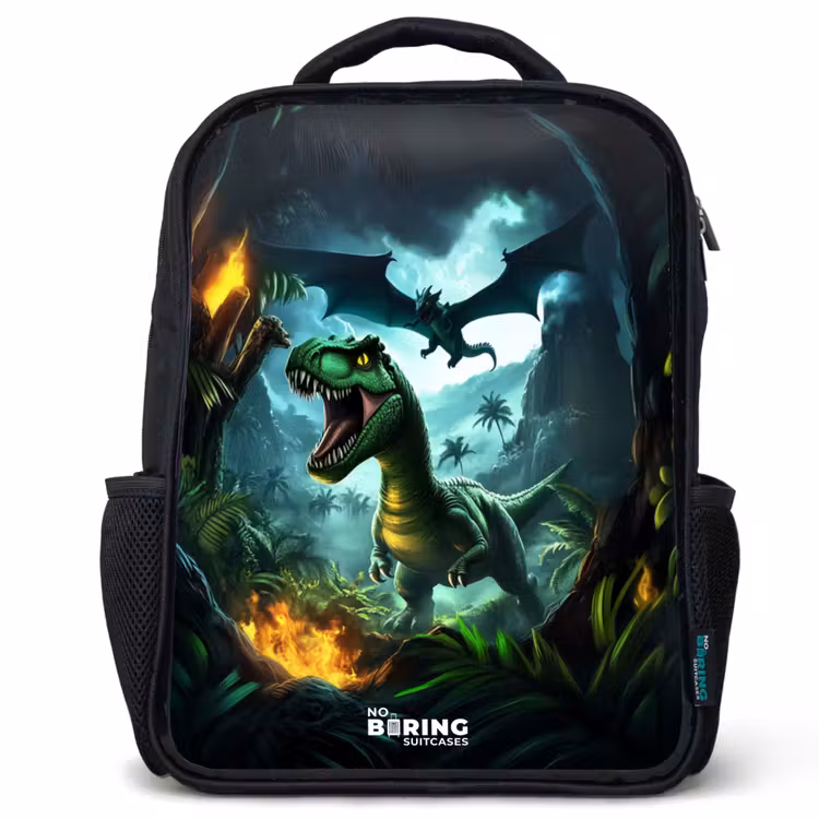 Kinderrucksack - Schwarz - Dinosaurier und Drache im feurigen Dschungeltal — 1