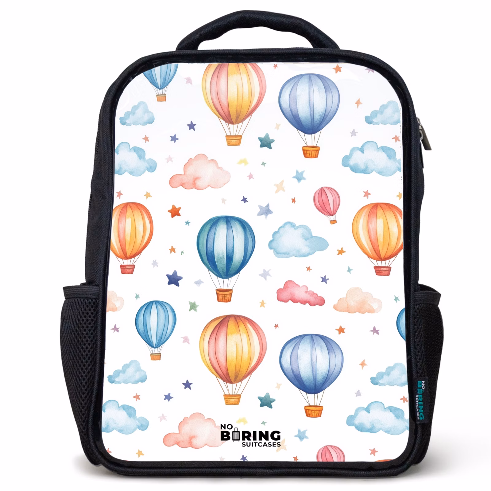 Kinderrucksack - Schwarz - Farbige Heißluftballons mit Sternen und Wolken — 1
