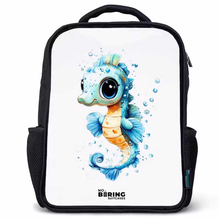 Kinderrucksack - Schwarz - Blaues Seepferdchen mit großen Augen und Blasen — 1