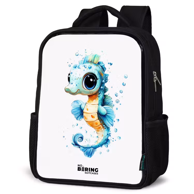 Kinderrucksack - Schwarz - Blaues Seepferdchen mit großen Augen und Blasen — 4