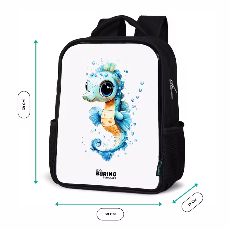 Kinderrucksack - Schwarz - Blaues Seepferdchen mit großen Augen und Blasen — 6