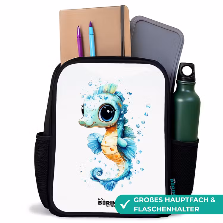 Kinderrucksack - Schwarz - Blaues Seepferdchen mit großen Augen und Blasen — 8