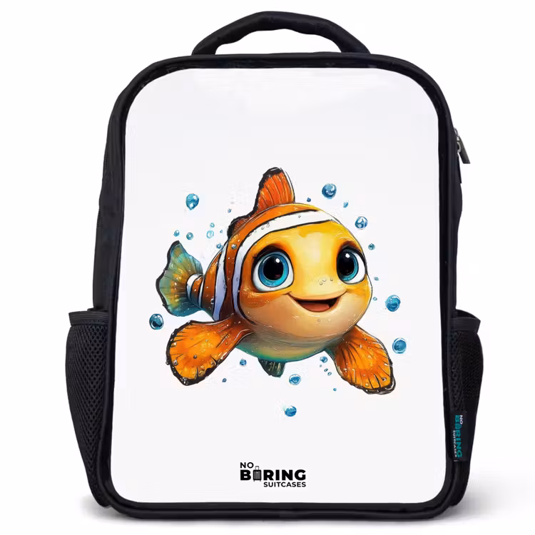 Kinderrucksack - Schwarz - Clownfisch mit Blasen auf weißem Hintergrund — 1