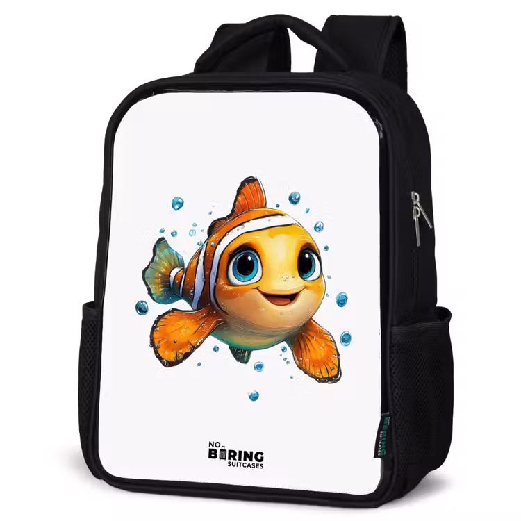 Kinderrucksack - Schwarz - Clownfisch mit Blasen auf weißem Hintergrund — 4