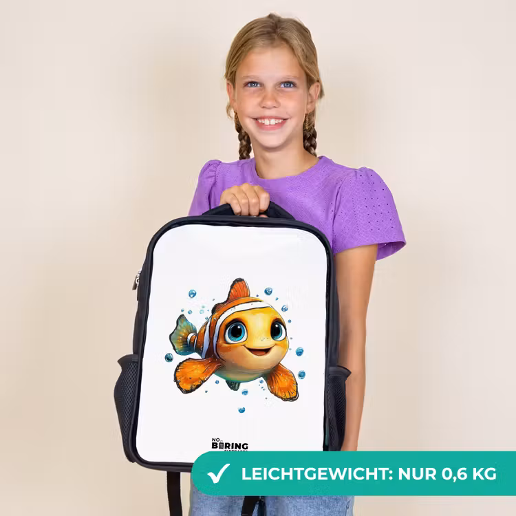 Kinderrucksack - Schwarz - Clownfisch mit Blasen auf weißem Hintergrund — 7