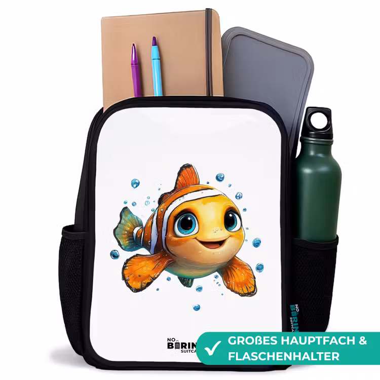 Kinderrucksack - Schwarz - Clownfisch mit Blasen auf weißem Hintergrund — 8