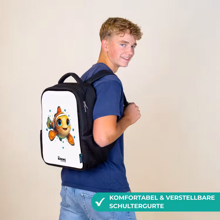 Kinderrucksack - Schwarz - Clownfisch mit Blasen auf weißem Hintergrund — 9
