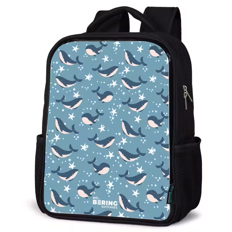 Kinderrucksack - Schwarz - Dunkelblaues Walmuster mit Seesternen — 4