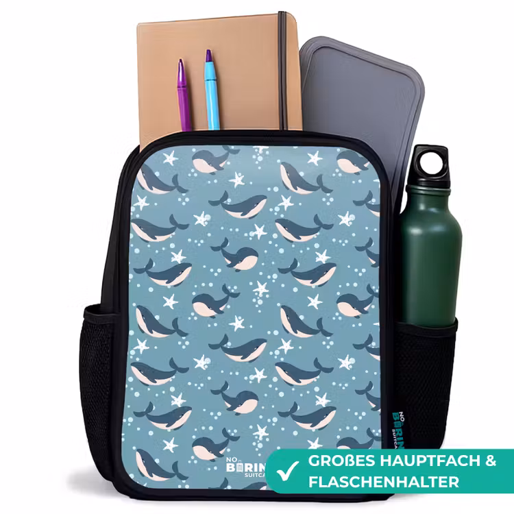 Kinderrucksack - Schwarz - Dunkelblaues Walmuster mit Seesternen — 8