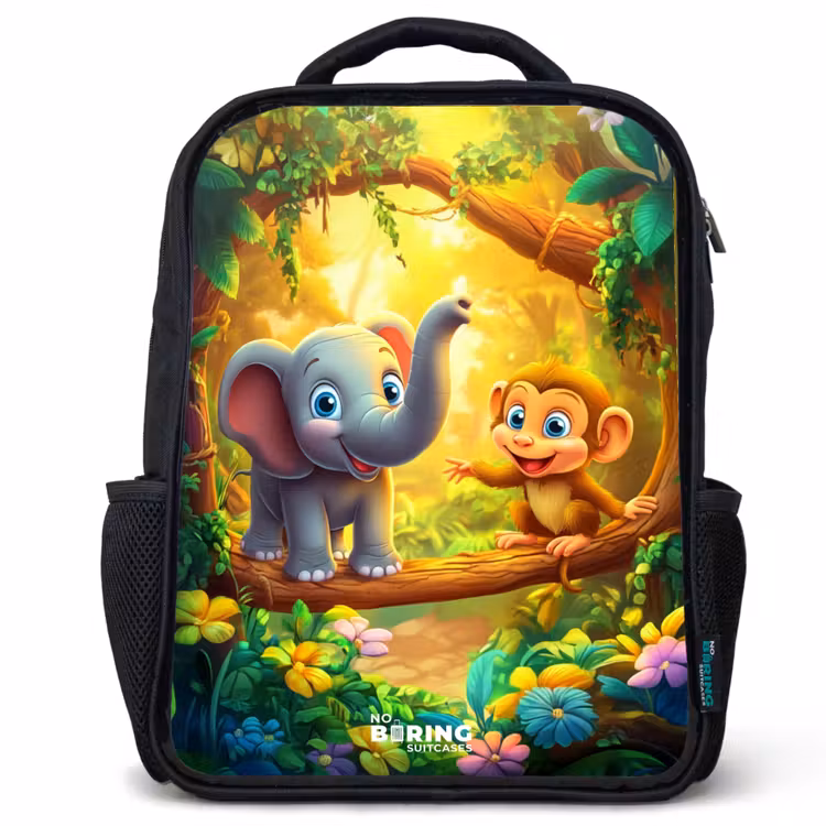 Kinderrucksack - Schwarz - Elefant und Affe im bunten Dschungel — 1