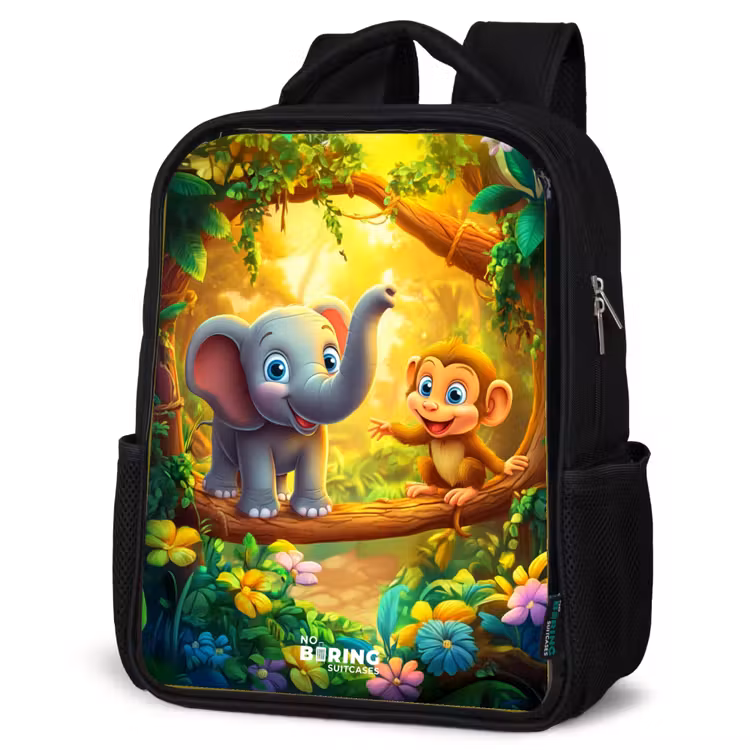 Kinderrucksack - Schwarz - Elefant und Affe im bunten Dschungel — 4