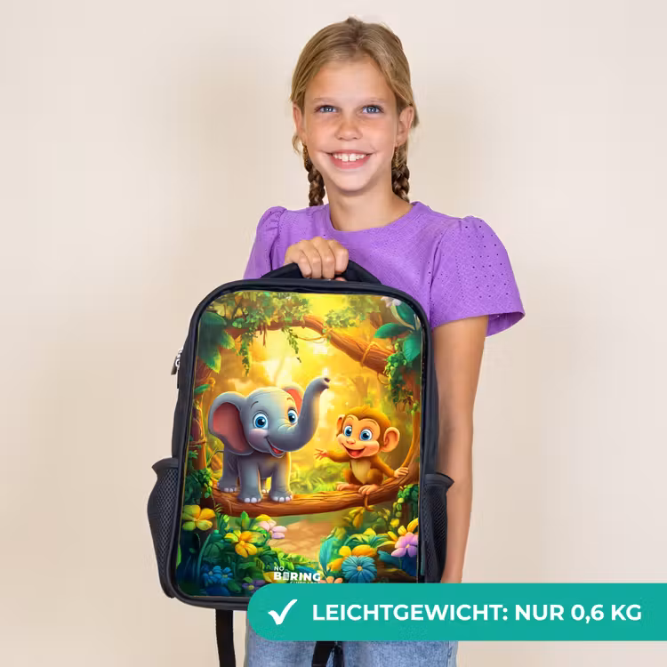 Kinderrucksack - Schwarz - Elefant und Affe im bunten Dschungel — 7