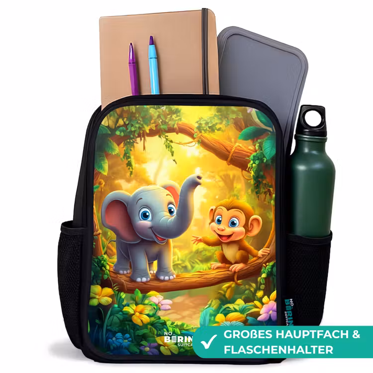 Kinderrucksack - Schwarz - Elefant und Affe im bunten Dschungel — 8