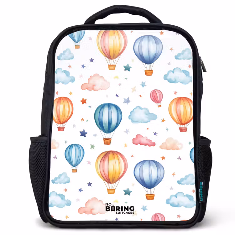 Kinderrucksack - Schwarz - Farbige Heißluftballons mit Sternen und Wolken — 1