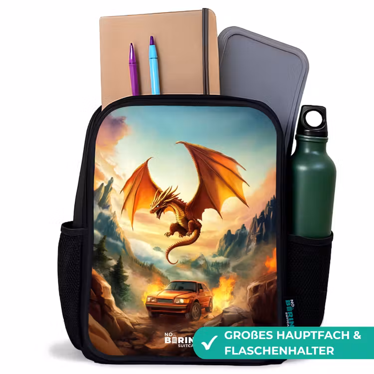 Kinderrucksack - Schwarz - Fliegender Drache über feuriger Bergstraße — 8