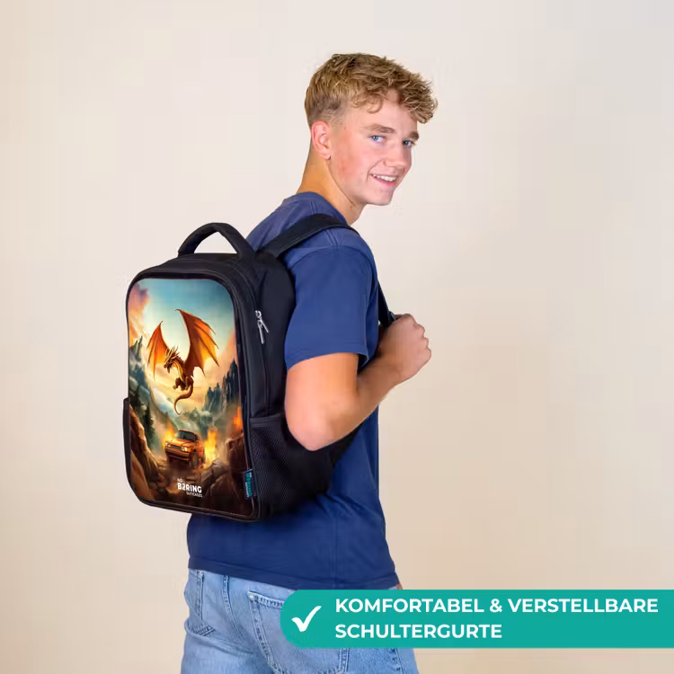 Kinderrucksack - Schwarz - Fliegender Drache über feuriger Bergstraße — 9