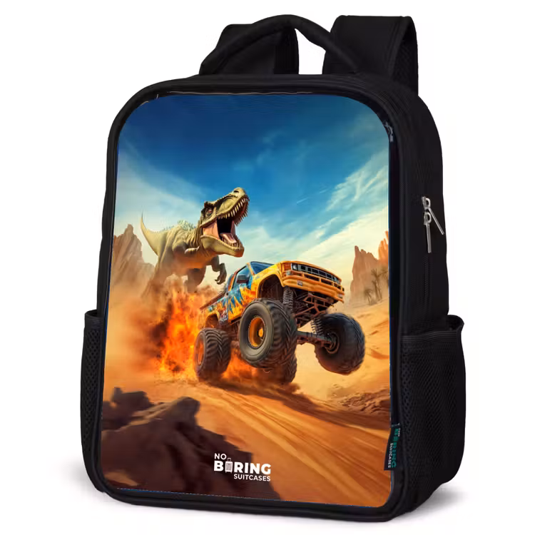 Kinderrucksack - Schwarz - Flüchtender Lkw nach T-Rex in feuriger Wüste — 4