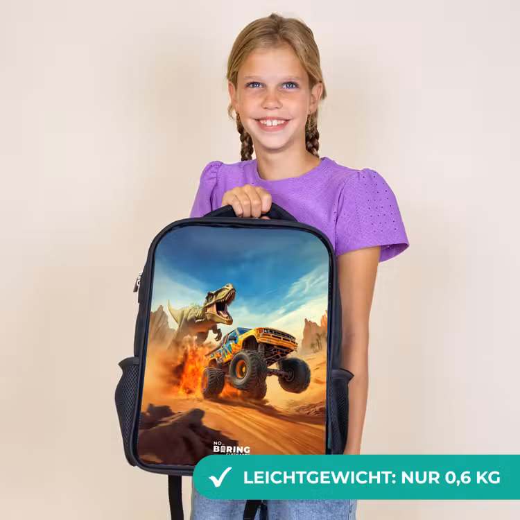 Kinderrucksack - Schwarz - Flüchtender Lkw nach T-Rex in feuriger Wüste — 7