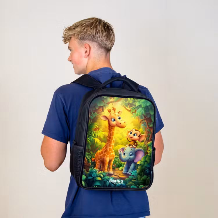 Kinderrucksack - Schwarz - Giraffe, Elefant und Affe im Wald — 3
