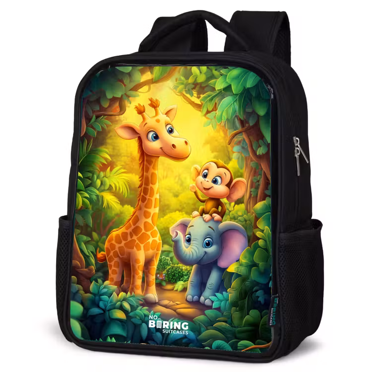 Kinderrucksack - Schwarz - Giraffe, Elefant und Affe im Wald — 4