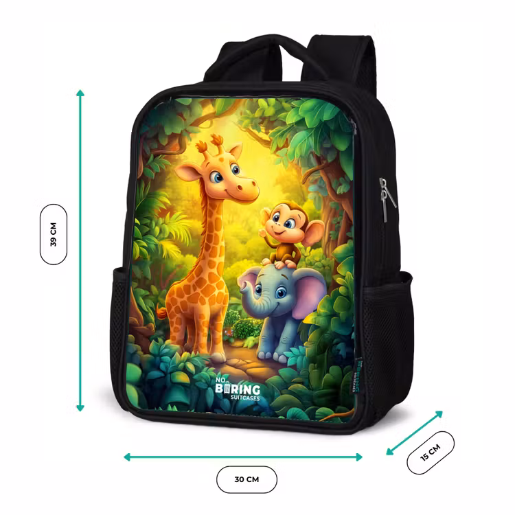 Kinderrucksack - Schwarz - Giraffe, Elefant und Affe im Wald — 6
