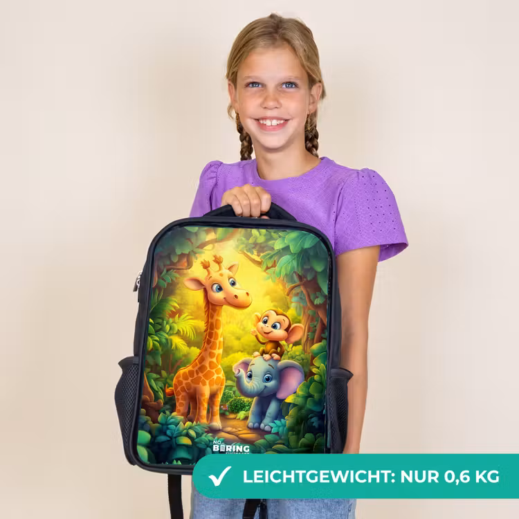 Kinderrucksack - Schwarz - Giraffe, Elefant und Affe im Wald — 7