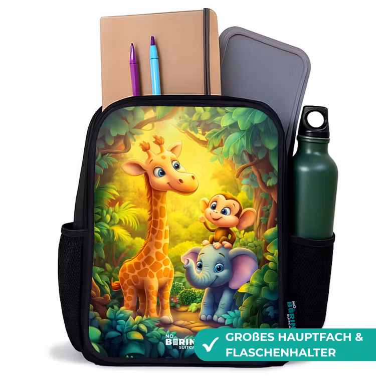 Kinderrucksack - Schwarz - Giraffe, Elefant und Affe im Wald — 8