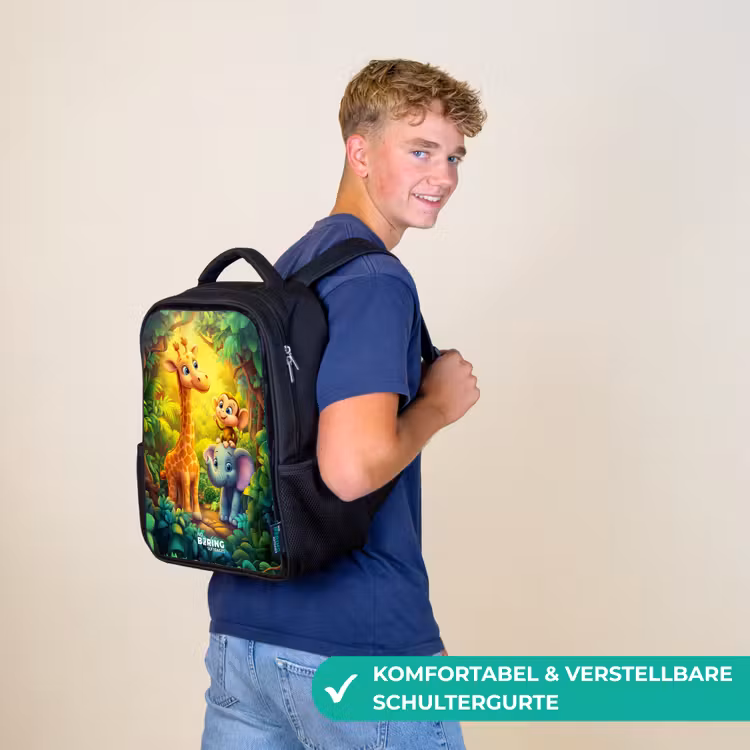 Kinderrucksack - Schwarz - Giraffe, Elefant und Affe im Wald — 9
