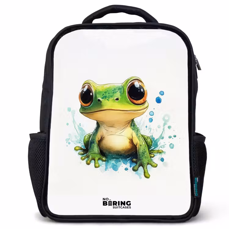 Kinderrucksack - Schwarz - Grüner Frosch mit großen Augen auf weißem Hintergrund — 1