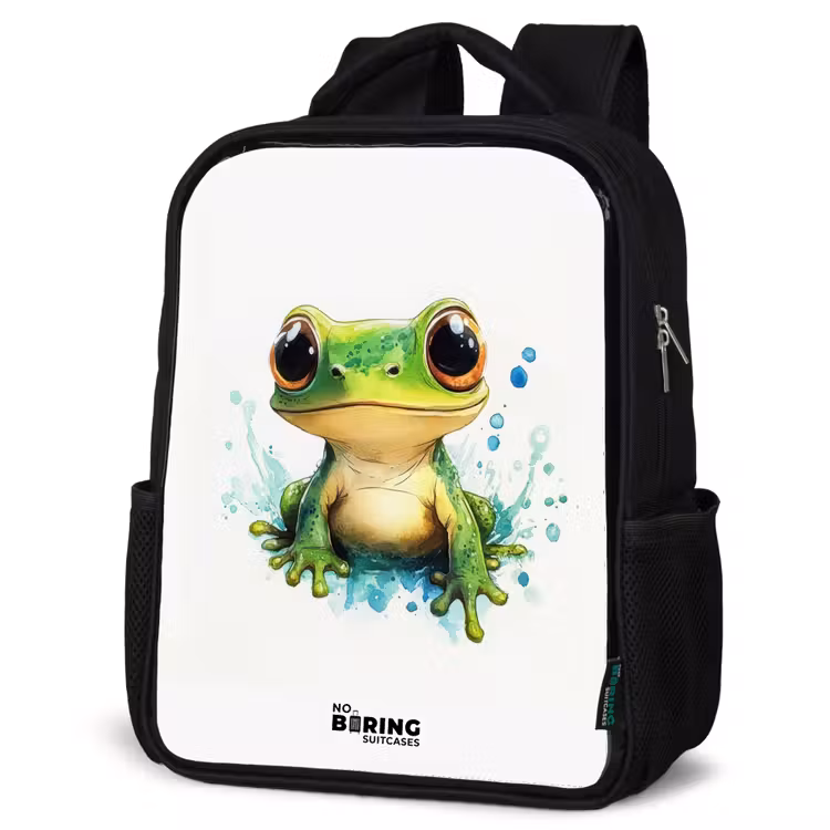 Kinderrucksack - Schwarz - Grüner Frosch mit großen Augen auf weißem Hintergrund — 4