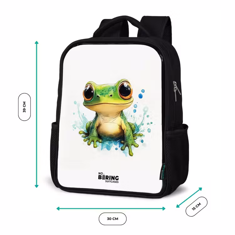 Kinderrucksack - Schwarz - Grüner Frosch mit großen Augen auf weißem Hintergrund — 6