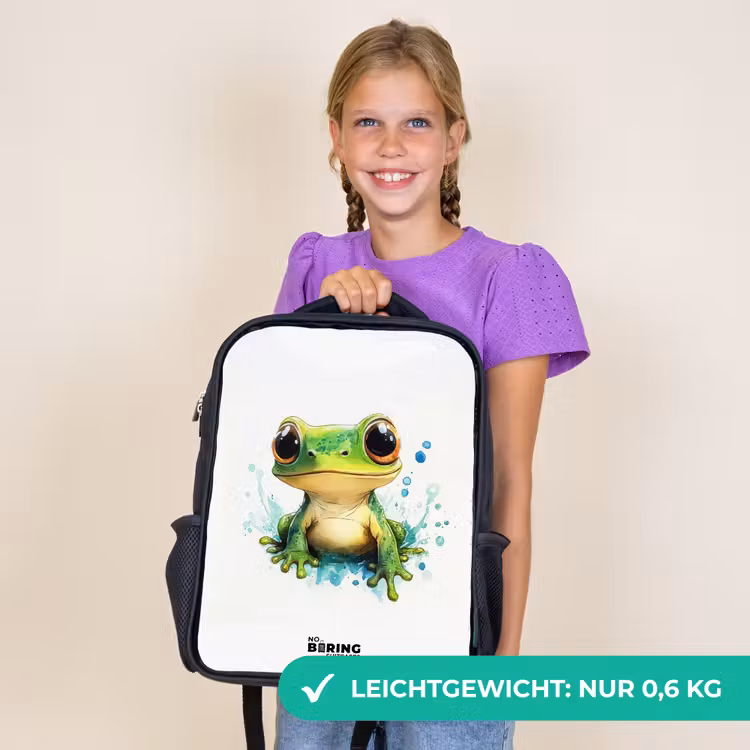 Kinderrucksack - Schwarz - Grüner Frosch mit großen Augen auf weißem Hintergrund — 7