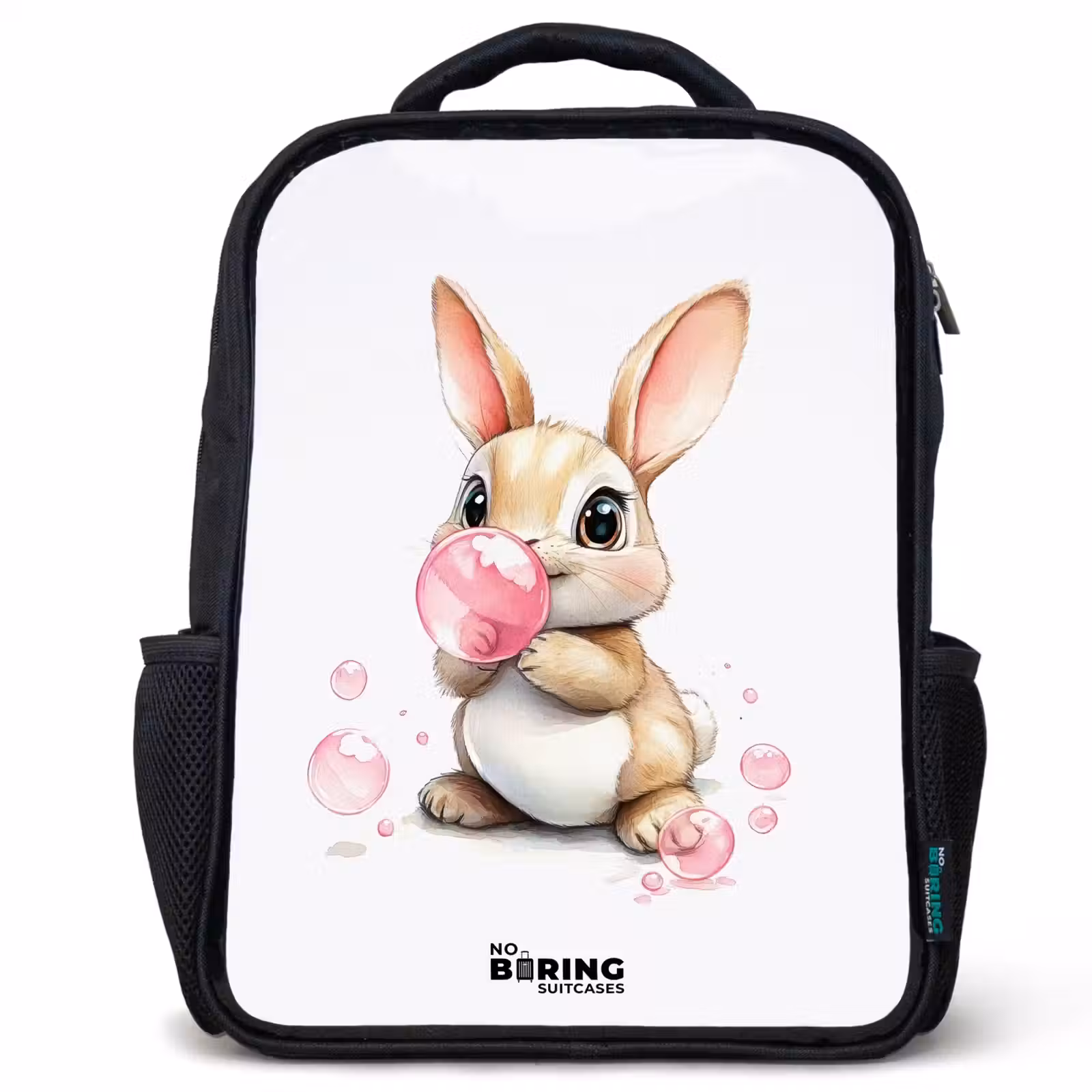 Kinderrucksack - Schwarz - Brauner Hase mit rosa Blasen — 1