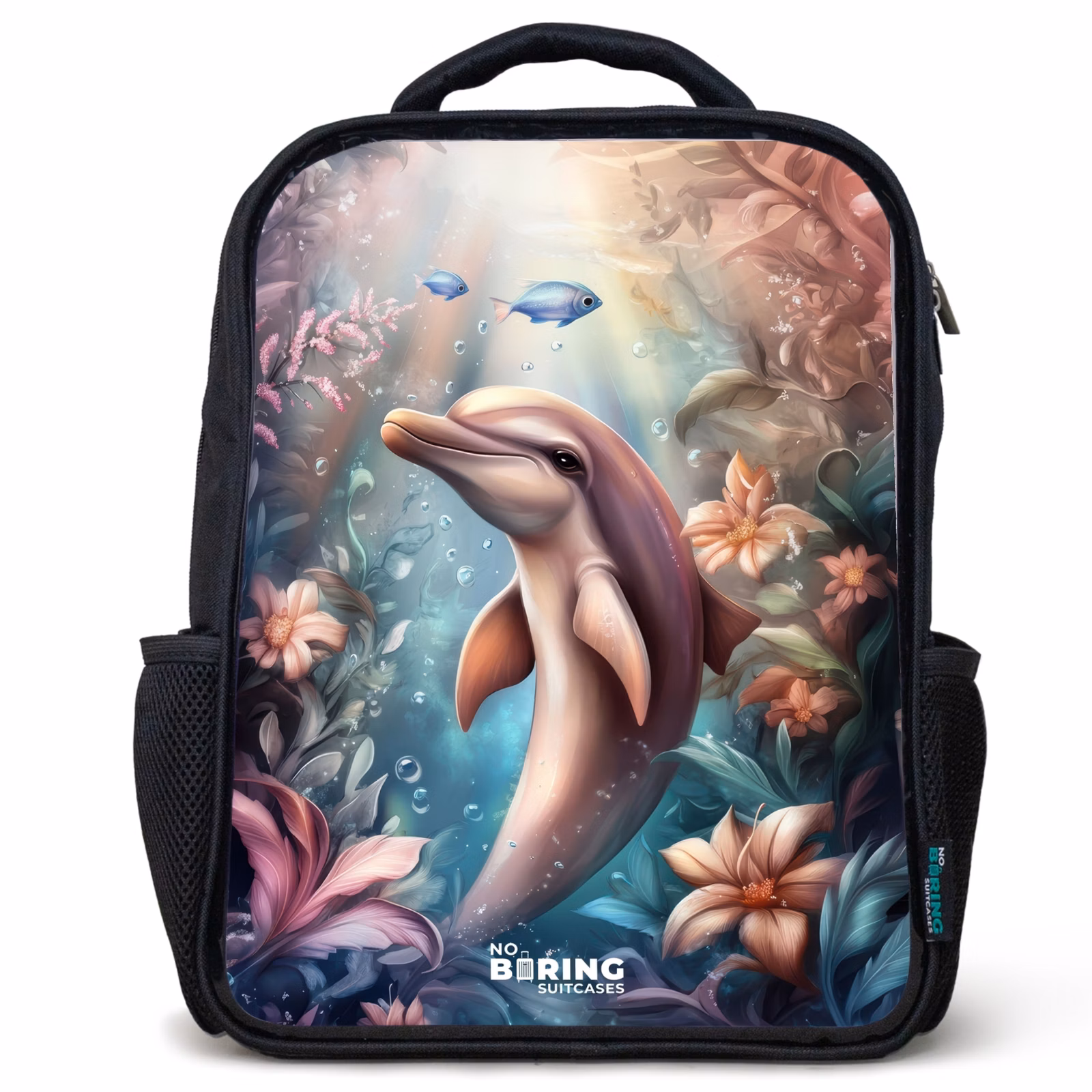 Kinderrucksack - Schwarz - Delfin und Fisch in der Unterwasserblumenwelt — 1