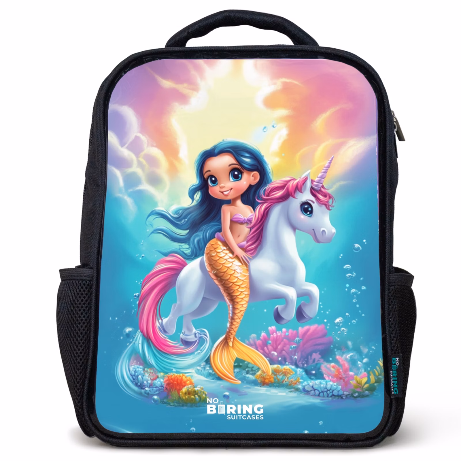 Kinderrucksack - Schwarz - Goldschwänzige Meerjungfrau mit weißem Einhorn — 1
