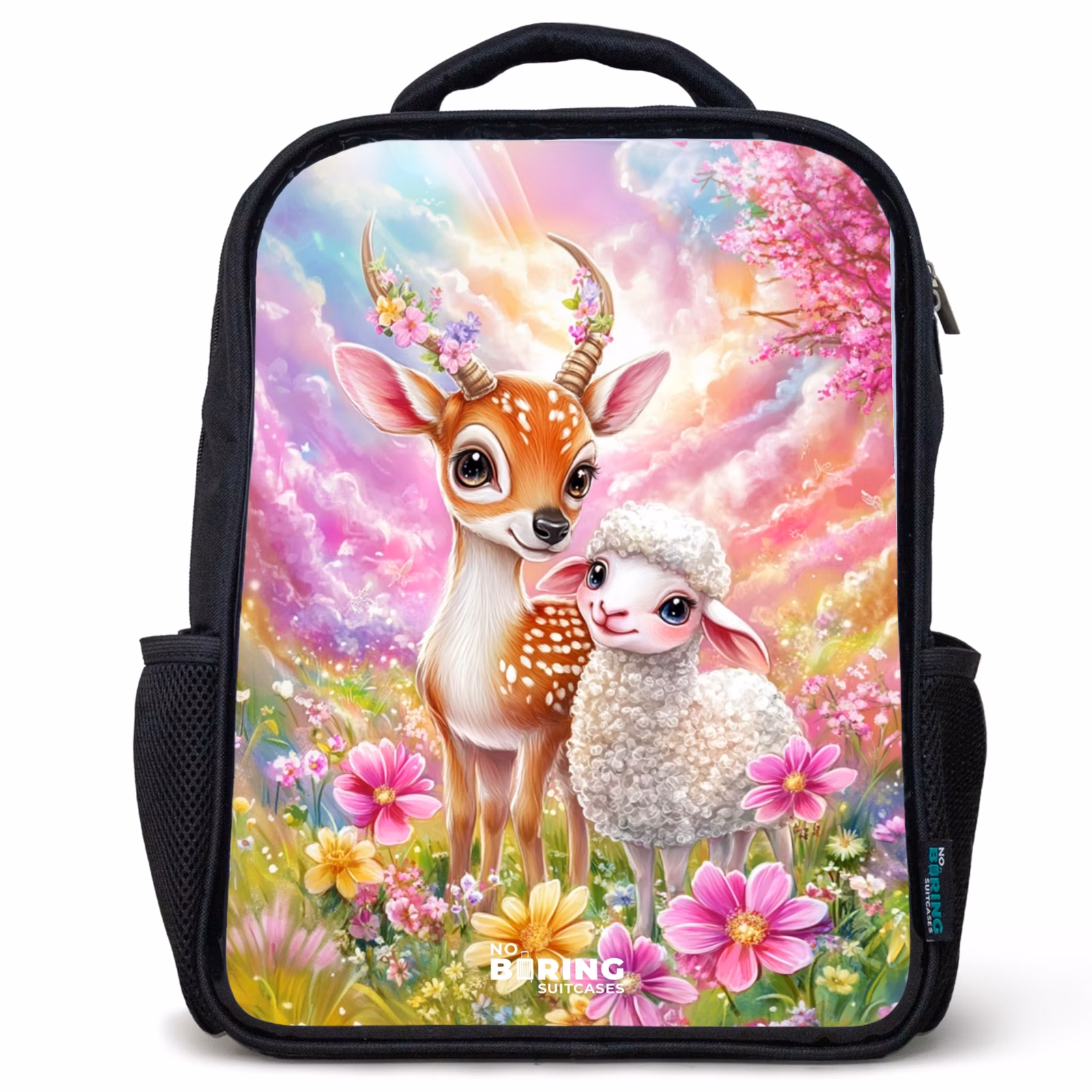 Kinderrucksack - Schwarz - Kleines Reh mit einem Lamm in einem pastellfarbenen Blumenfeld — 1