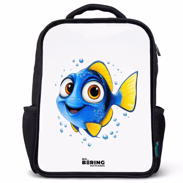 Kinderrucksack - Schwarz - Blauer Fisch mit gelben Flossen und glücklichem Blick — 1