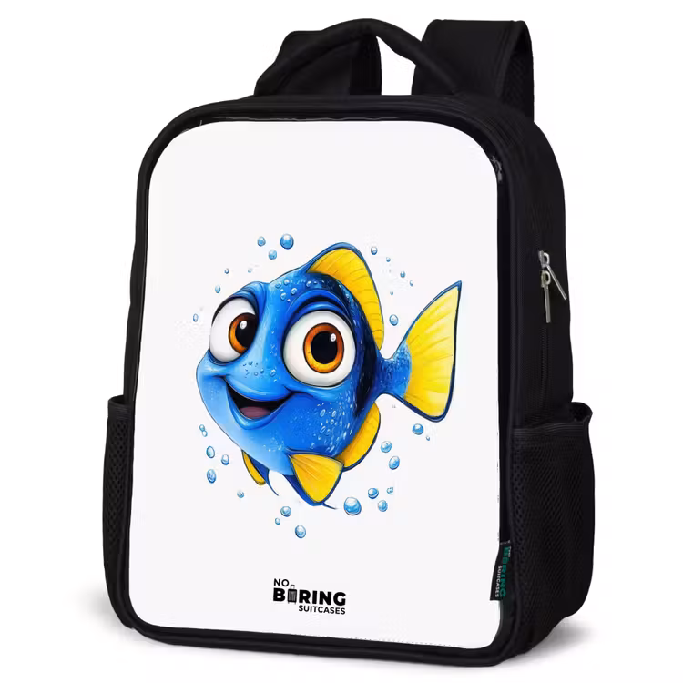 Kinderrucksack - Schwarz - Blauer Fisch mit gelben Flossen und glücklichem Blick — 4