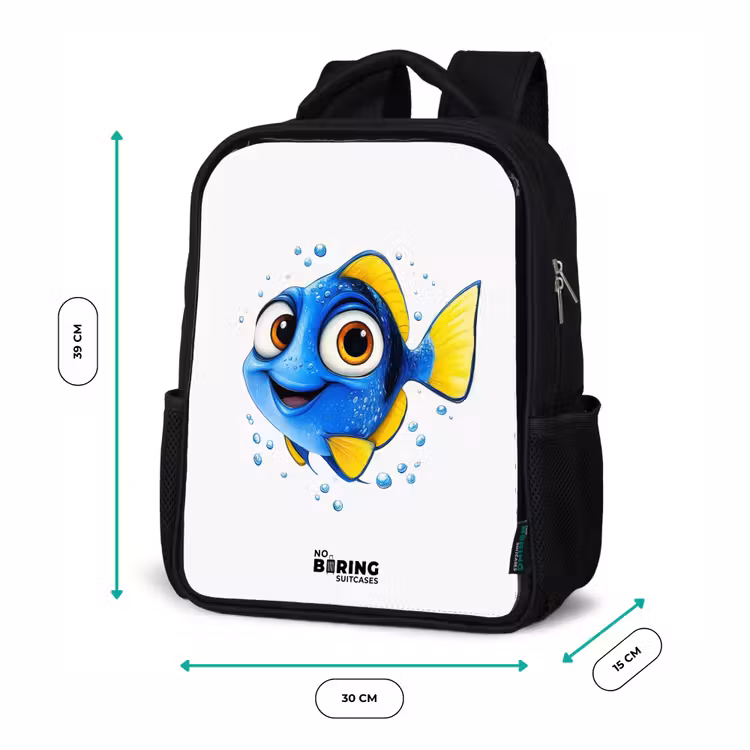 Kinderrucksack - Schwarz - Blauer Fisch mit gelben Flossen und glücklichem Blick — 6