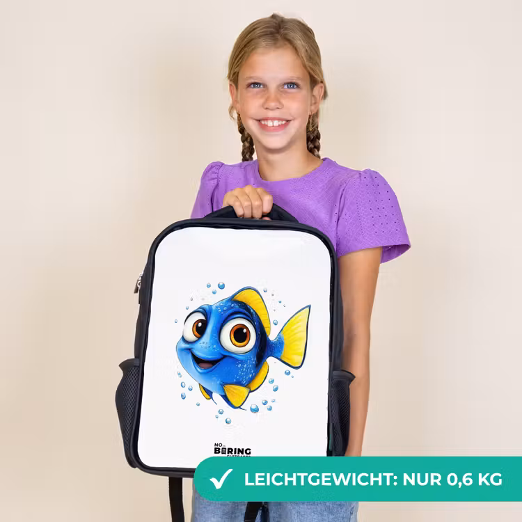 Kinderrucksack - Schwarz - Blauer Fisch mit gelben Flossen und glücklichem Blick — 7
