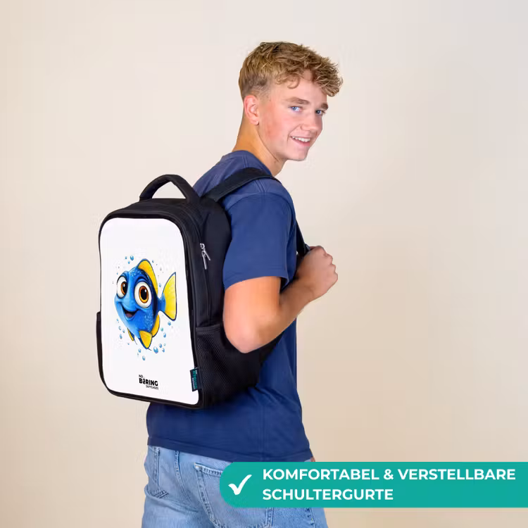 Kinderrucksack - Schwarz - Blauer Fisch mit gelben Flossen und glücklichem Blick — 9