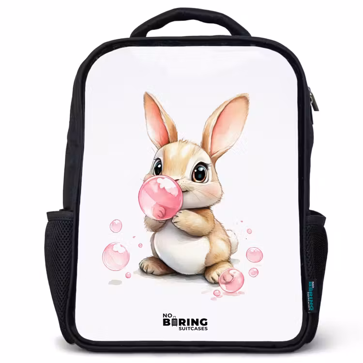 Kinderrucksack - Schwarz - Brauner Hase mit rosa Blasen — 1