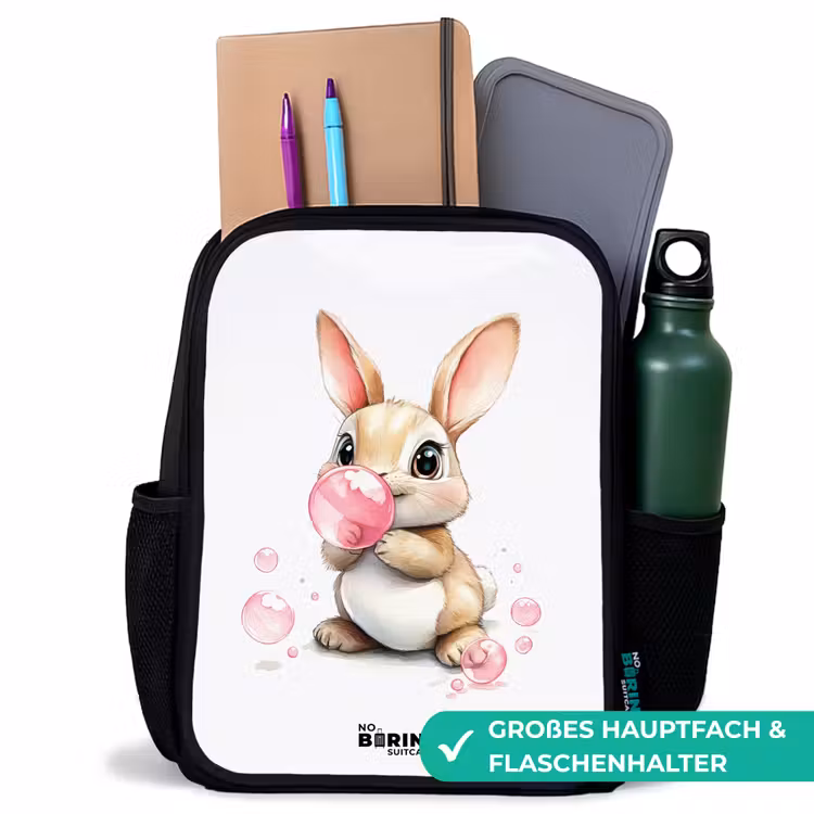 Kinderrucksack - Schwarz - Brauner Hase mit rosa Blasen — 8