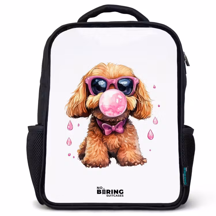 Kinderrucksack - Schwarz - Brauner Hund mit rosa Brille und Kaugummi — 1