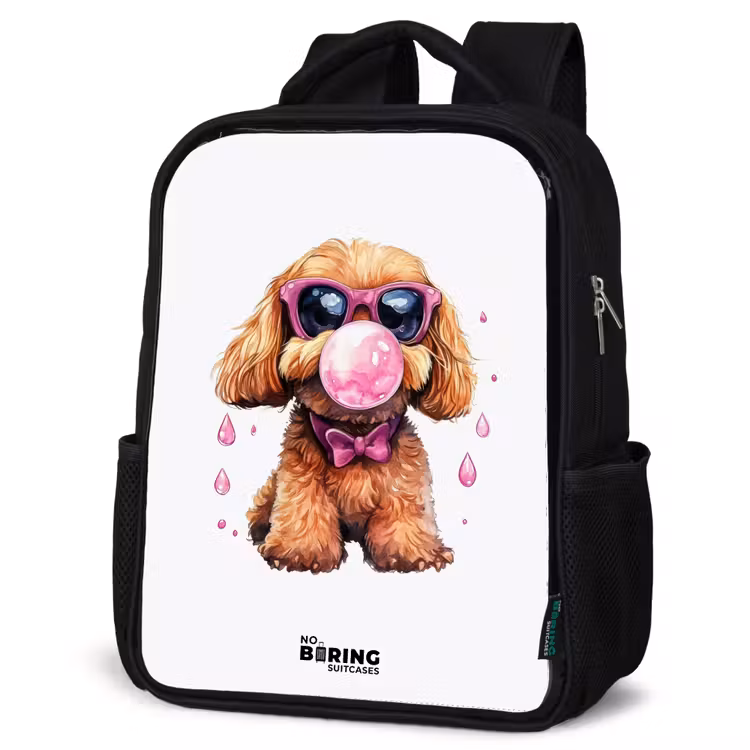 Kinderrucksack - Schwarz - Brauner Hund mit rosa Brille und Kaugummi — 4