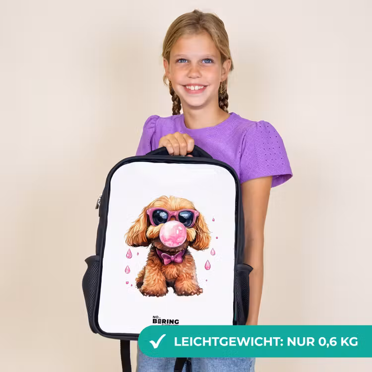 Kinderrucksack - Schwarz - Brauner Hund mit rosa Brille und Kaugummi — 7