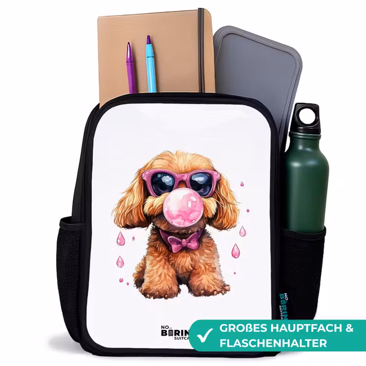 Kinderrucksack - Schwarz - Brauner Hund mit rosa Brille und Kaugummi — 8